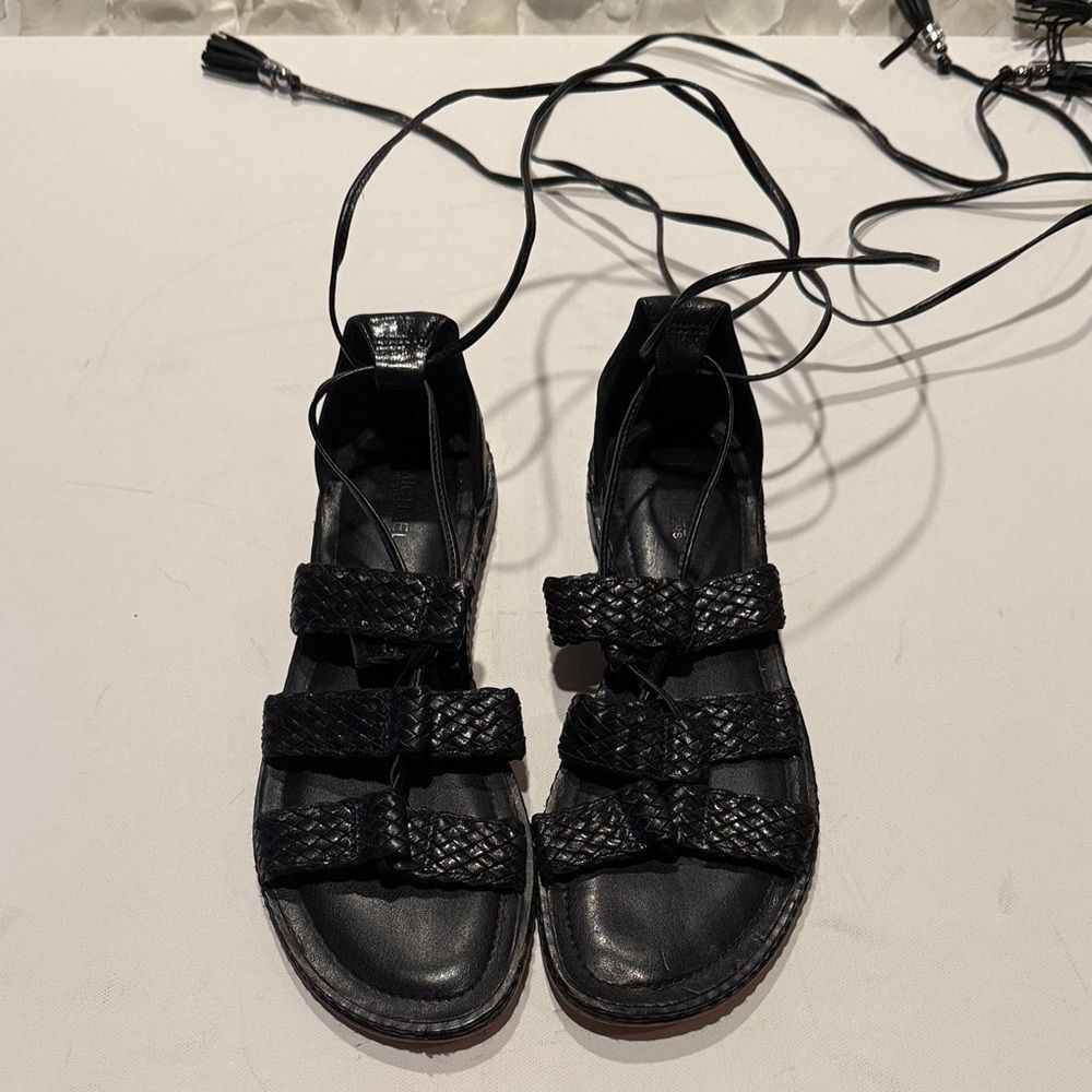 Michael Kors Black Woven Leather Gladiator Lace-Up Sandals